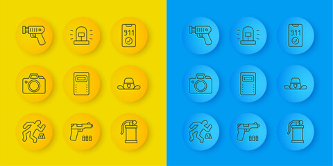 Set line Crime scene, Photo camera, Police assault shield, Hand smoke grenade, Sheriff hat with badge, electric shocker, Telephone call 911 and Flasher siren icon. Vector