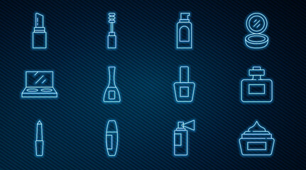 Set line Cream or lotion cosmetic tube, Perfume, Spray can for hairspray, Nail polish bottle, Makeup powder with mirror, Lipstick, and Mascara brush icon. Vector