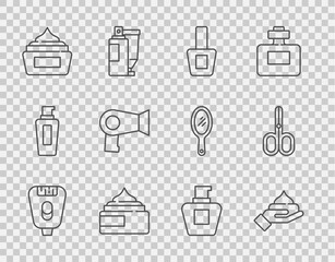 Set line Epilator, Cream lotion cosmetic tube, Nail polish bottle, Hair dryer, and Scissors icon. Vector