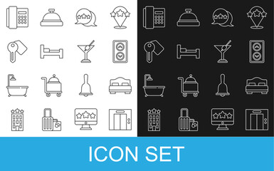 Set line Lift, Hotel room bed, Five stars rating review, door lock key, Telephone handset and Martini glass icon. Vector