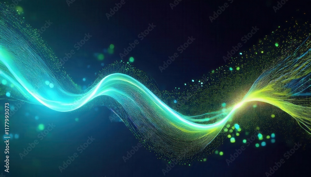 Poster Mesmerizing Blue and Yellow Flowing Light Waves with Particles in Motion. Abstract Energy Stream for Futuristic Design Concepts