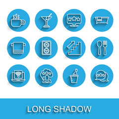 Set line Wireless laptop, Five stars rating review, Coffee cup, Champagne an ice bucket, Lift, Fork and spoon and Stairs icon. Vector