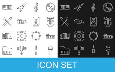 Set line Maracas, Sound mixer controller, Ancient lyre, Treble clef, Xylophone, Drum sticks, Music synthesizer and Stereo speaker icon. Vector
