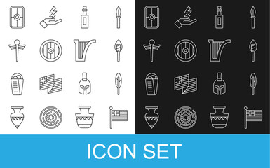 Set line Greece national flag, Feather pen, Torch flame, Bottle of olive oil, Greek shield, Caduceus snake medical, and Harp icon. Vector