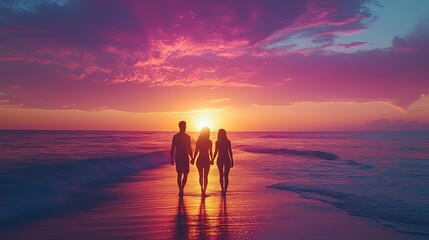 Fototapeta premium Silhouettes of Three People Walking on a Beach at Sunset