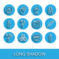 Set line Paint roller brush, spray can, Spray nozzle cap, Speech bubble with text art, Marker pen, and Paint, gouache, jar, dye icon. Vector