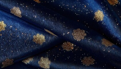Luxurious navy blue velvet fabric with shimmering golden sparkles and stardust pattern, perfect for cosmic themed designs or decor