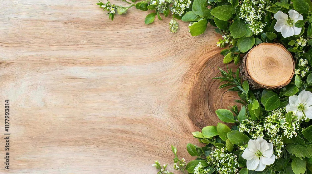 Poster an image displaying an aerial perspective of a tree trunk enveloped by green foliage and white bloss