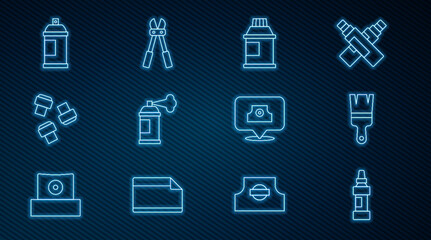 Set line Marker pen, Paint brush, Paint, gouache, jar, dye, spray can, attachment, Spray nozzle cap and Bolt cutter icon. Vector