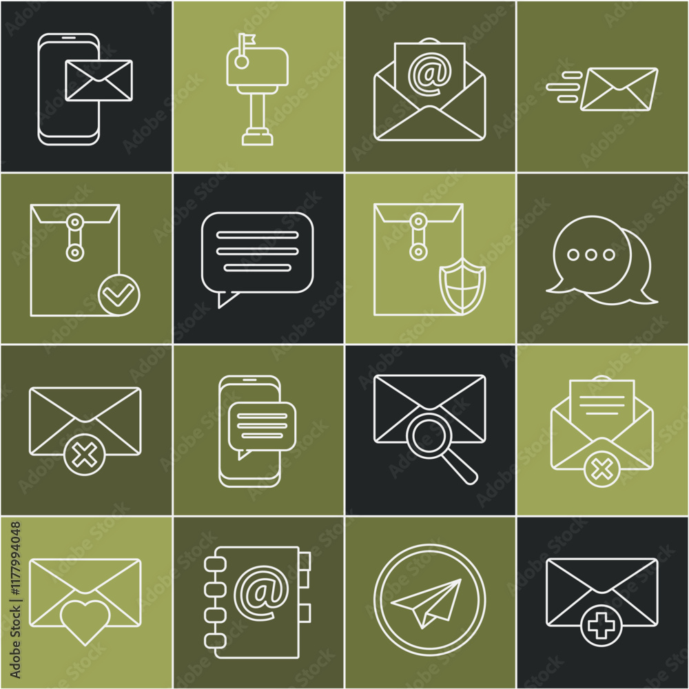Poster set line received message concept, delete envelope, speech bubble chat, mail and e-mail, envelope ch