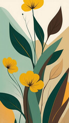 Fototapeta premium Modern Minimalist Background with Abstract Plants and Flowers in green, brown, yellow. Use in Graphic Design