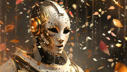 Cybernetic Being Amidst Falling Petals