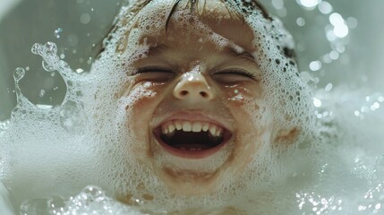 Laughing Child Covered in Bath Bubbles