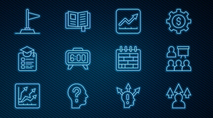 Set line Front end development, Training, presentation, Financial growth increase, Digital alarm clock, Online education, Flag, Calendar and Reading book icon. Vector