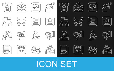Set line Police officer, Megaphone and dollar, Graduation cap, Heart rate, Handcuffs hands criminal, Speech bubble chat, Peace and Judge gavel icon. Vector
