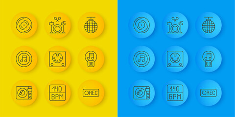 Set line Vinyl player with vinyl disk, Music note, tone, Drum machine, Record button, Pause, Disco ball and Drums icon. Vector