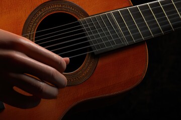 Fototapeta premium Male hand holding acoustic guitar on black background.