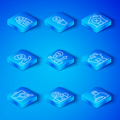 Set line Work search, Reception of glass bottles, Homeless cardboard house, Ruined, No, Donation hand with money, charity and Feeding the homeless icon. Vector