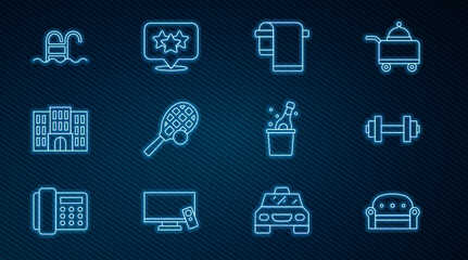 Set line Sofa, Dumbbell, Towel on hanger, Tennis racket with ball, Hotel building, Swimming pool, Bottle champagne and Stars rating icon. Vector