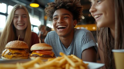 Teens Laughing While Enjoying Burgers and Fries