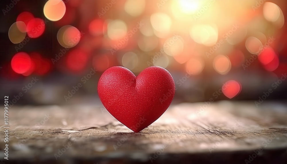 Aufkleber red heart symbol of love on rustic wooden table with warm bokeh background perfect for romantic them