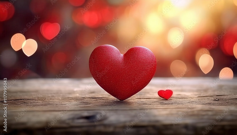 Aufkleber red heart symbol of love on rustic wooden table with warm bokeh background perfect for romantic them