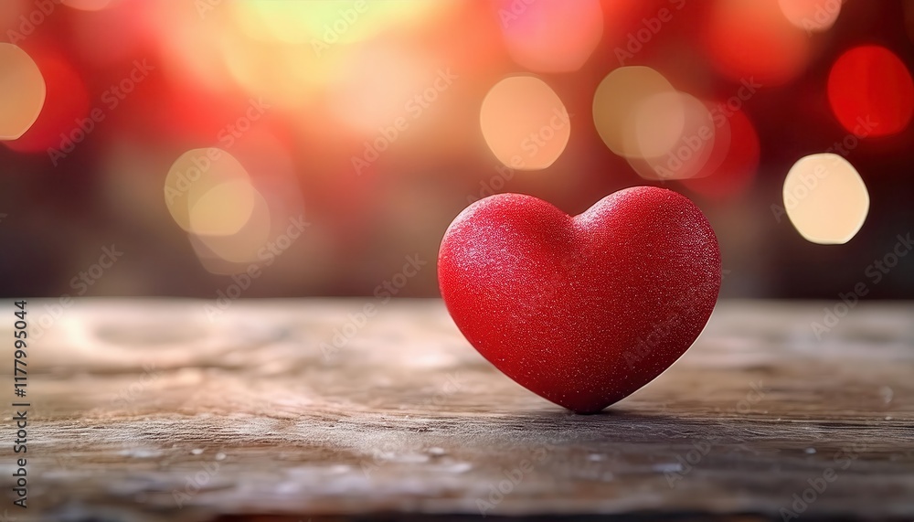 Aufkleber red heart symbol of love on rustic wooden table with warm bokeh background perfect for romantic them