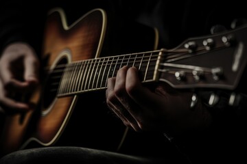 Fototapeta premium Guitarist playing acoustic guitar on black background for folk music.