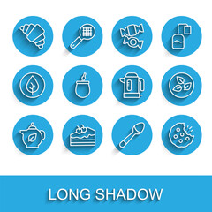 Set line Teapot with leaf, Piece of cake, Croissant, Teaspoon, Cookie or biscuit, Mate tea, and Electric kettle icon. Vector