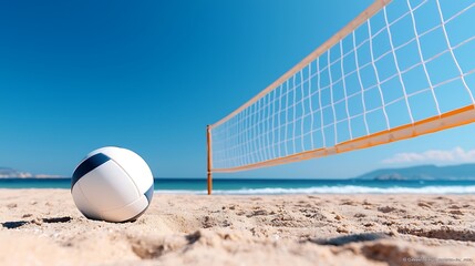 Volleyball on sandy beach near ocean under blue sky.