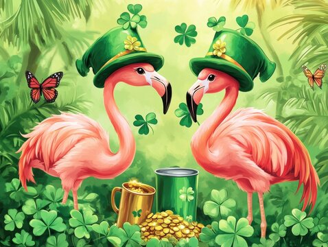 Three pink flamingos wearing green fairy hats next to a can of gold on a St. Patrick's Day background - Decorative lawn ornaments for St. Patrick's Day celebrations