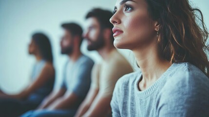 A group of people sitting and listening attentively, focused on a shared point of interest. The image captures a sense of anticipation and attentiveness.
