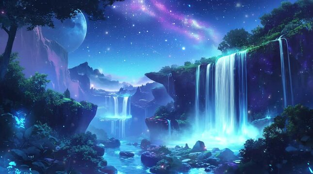 Majestic fantasy waterfall in a dreamlike landscape with glowing scenery  
Seamless looping 4k time-lapse virtual video animation Generated AI