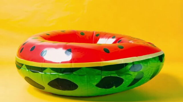 Inflatable watermelon ring deflation sequence on vibrant yellow background