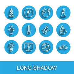 Set line Light bulb with leaf, Location, Oil rig, Electric saving plug in, car, Thermometer, Tag and problem of pollution icon. Vector