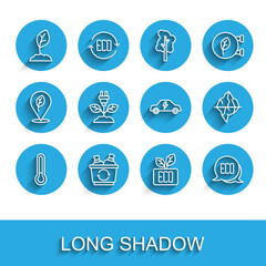 Fototapeta premium Set line Thermometer, Recycle bin, Sprout, Leaf Eco symbol, Electric saving plug leaf, Iceberg and car icon. Vector