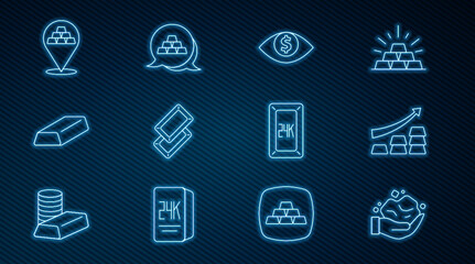 Set line Gold nugget, Growth arrow with gold bars, Eye dollar, 24k and icon. Vector