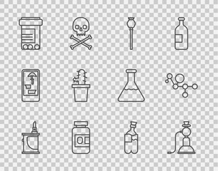 Set line Electronic cigarette, Hookah, Opium poppy, Medicine bottle and pills, Cactus peyote pot, Bong for smoking marijuana and Cannabis molecule icon. Vector