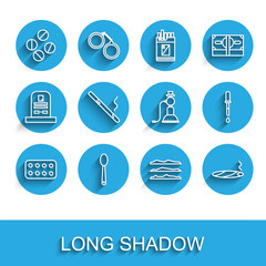 Set line Pills in blister pack, Heroin spoon, Medicine pill or tablet, Cocaine heroin drug, Cigar with smoke, Cigarette, Pipette and Hookah icon. Vector
