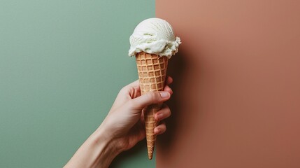 Vanilla ice cream in waffle cone held in hand, minimalist food photography concept, pastel green and brown background, close-up of creamy frozen dessert, stylish summer treat idea

