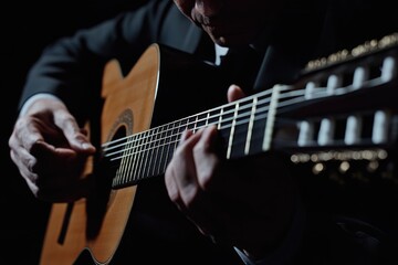 Obraz premium man playing classical guitar at black background