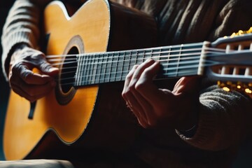 Fototapeta premium man playing classical guitar at black background