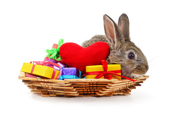 Gray rabbit in a basket with gifts and heart.