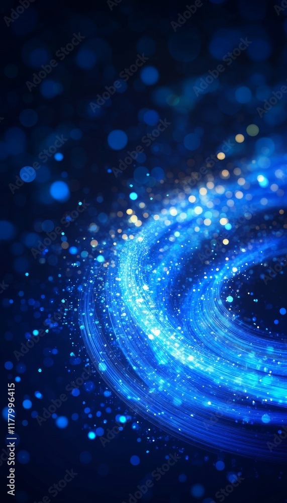 Poster abstract blue. curved light trails on a dark background with bokeh effect, speed and movement