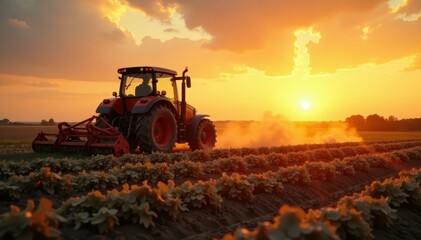 Fototapeta premium Farmer plowing field with tractor at golden sunset background, tractor work, evening farming