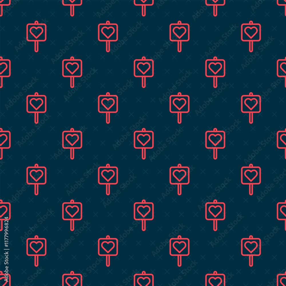 Poster red line map pointer with heart icon isolated seamless pattern on black background. valentines day. 