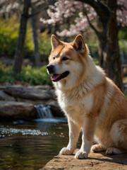 Akita-inu, a symbol of grace and loyalty, under flowering trees.