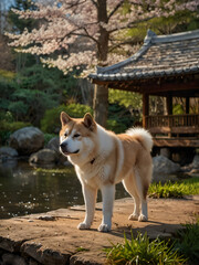 Akita-inu, a symbol of grace and loyalty, under flowering trees.