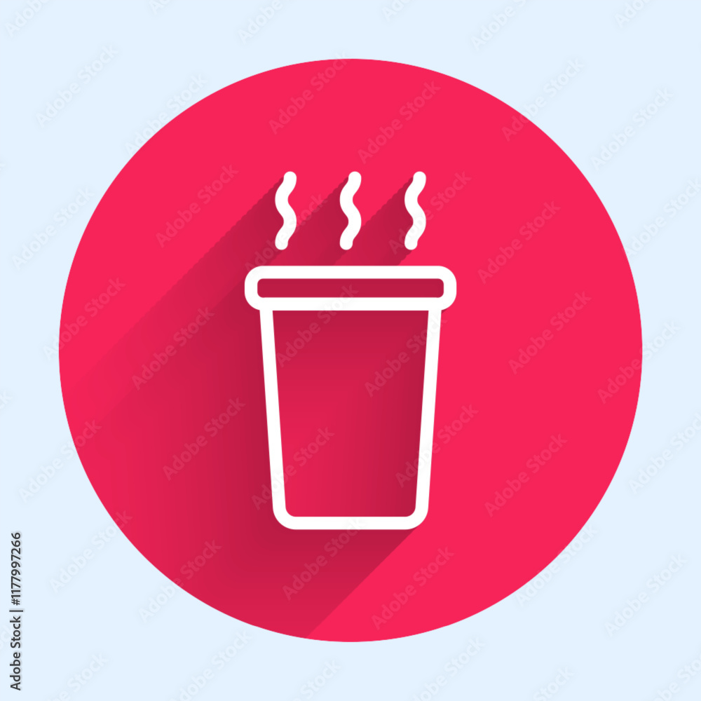 Poster white line cup of tea icon isolated with long shadow background. red circle button. vector