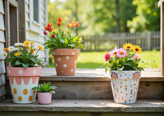 Obraz premium Potted Flowers on Wooden Steps in a Garden